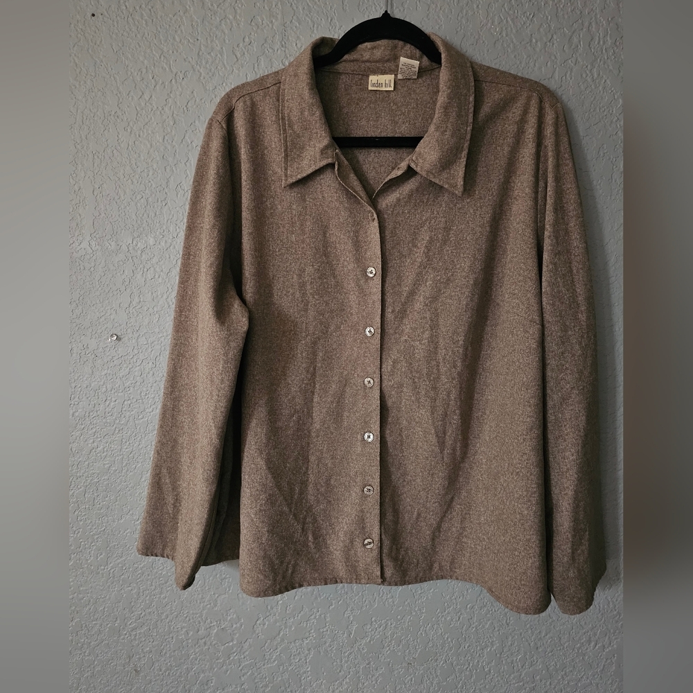 Linden Hill Womens Polyester Size 1X Beige  Cuffed Long Sleeves Button Up Shirt